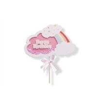Rózsaszín szivárványos felhő Happy Birthday felirattal szives konfettivel torta beszúró