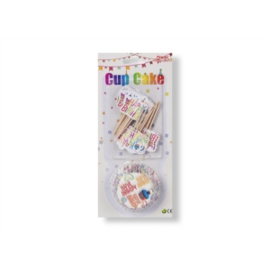 24 db-os fehér alapon színes Happy Birthday feliratos muffin papír szett díszítő pálcikával
