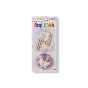 24 db-os színes csíkos Happy Birthday muffin papír szett díszítő pálcikával
