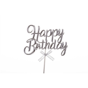 Ezüst színű műanyag Happy Birthday beszúró tortadísz