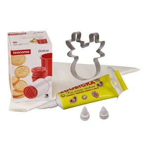 Mézeskalács díszítő tubus, karácsonyi Tescoma kekszpecsét, eldobható habzsák és rénszarvasfej kiszúró mézeskalács készítő szett