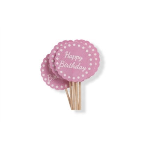 Rózsaszín kerek Happy Birthday 12 db muffin díszítő