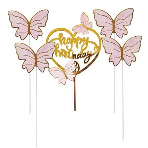 Rózsaszín pillangós Happy Birthday torta beszúró szett