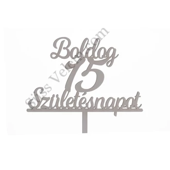 Fehér Boldog Születésnapot 15 feliratos sziluett tortadísz