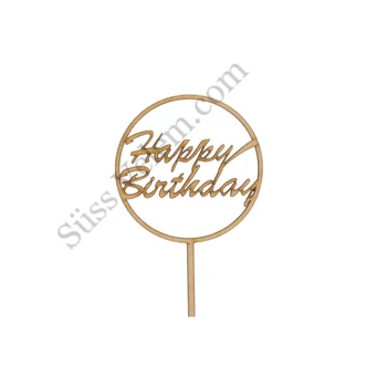 Natúr kerek Happy Birthday feliratos tortadísz sziluett