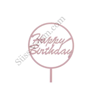 Rózsaszín kerek Happy Birthday feliratos tortadísz sziluett