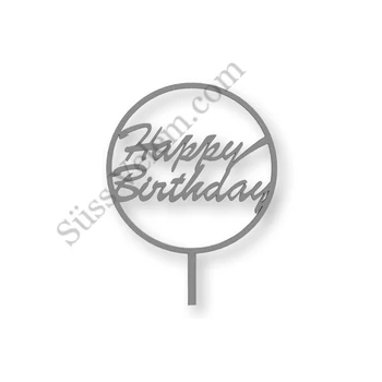 Szürke kerek Happy Birthday feliratos tortadísz sziluett