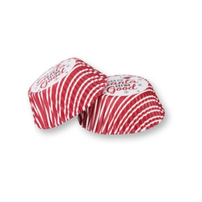 100 db-os piros-fehér csíkos 'Dear Santa define good' feliratos karácsonyi muffin papír