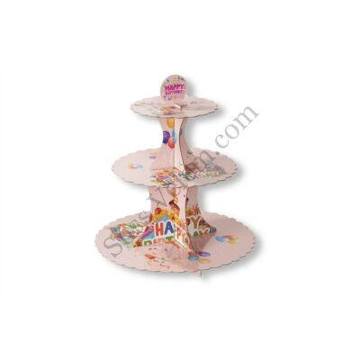 3 szintes rózsaszín Happy Birthday karton muffin állvány
