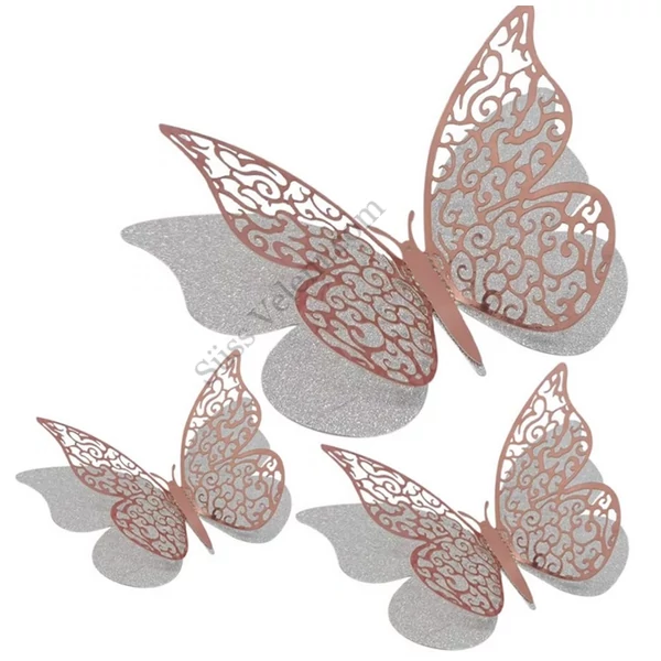 12 db csillogós rosegold pillangó tortadísz