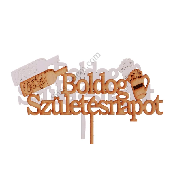 2 db fehér és natúr fa boros Boldog szülinapot feliratos sziluett tortadísz