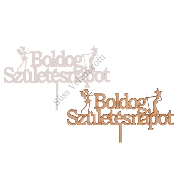 2 db fehér és natúr fa tündéres Boldog szülinapot feliratos sziluett tortadísz