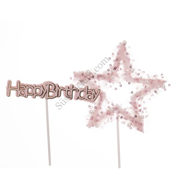 2 db-os rózsaszín tüllös csillag és Happy Birthday felirat beszúró tortadísz