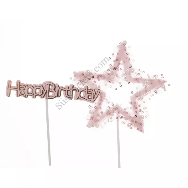 2 db-os rózsaszín tüllös csillag és Happy Birthday felirat beszúró tortadísz