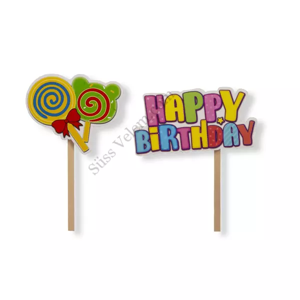 2 db-os színes Happy Birthday felirat és nyalókák beszúró tortadísz