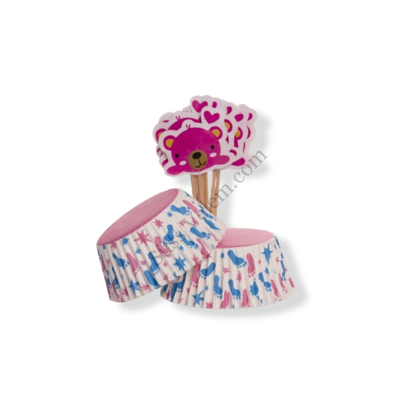 24 adagos talpacskás muffin papír és rózsaszín macis muffin díszítő készlet