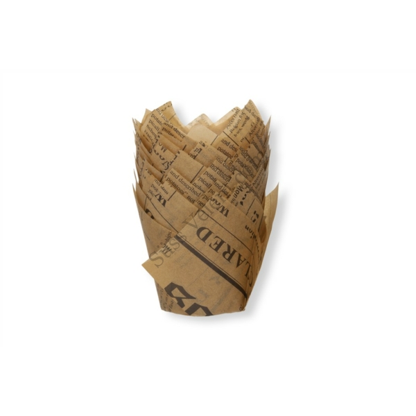 24 db 5 cm átmérőjű barna újságpapír mintás tulipános muffin papír