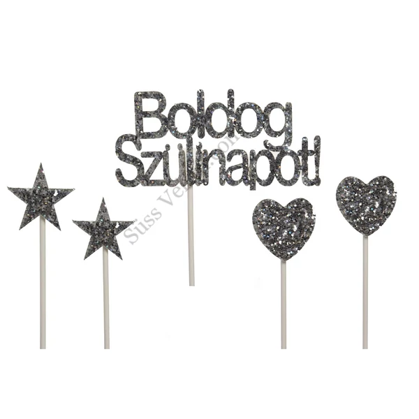5 db-os csillogós ezüst Boldog Szülinapot tortadísz beszúró