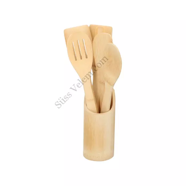 5 részes bambusz konyhai eszköz készlet tartóval