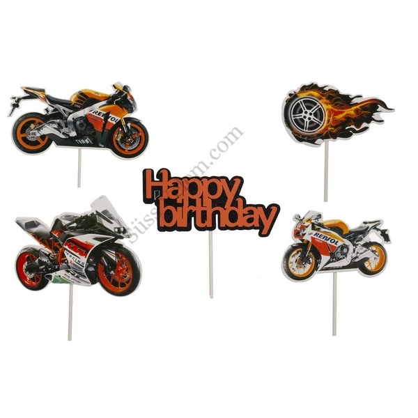 5 részes motoros Happy Birthday szülinapi tortadísz beszúró