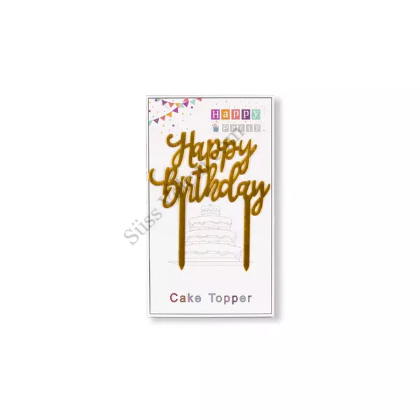 Arany színű műanyag Happy Birthday felirat beszúró tortadísz