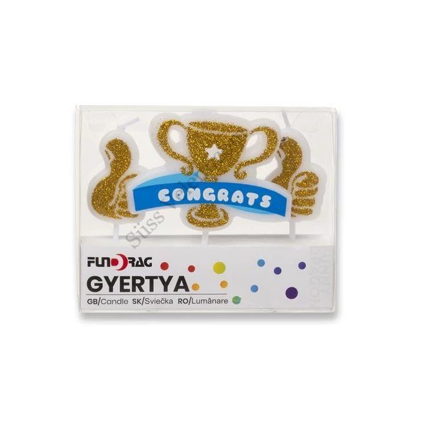 Arany trófea „congrats” feliratos tortagyertya szett