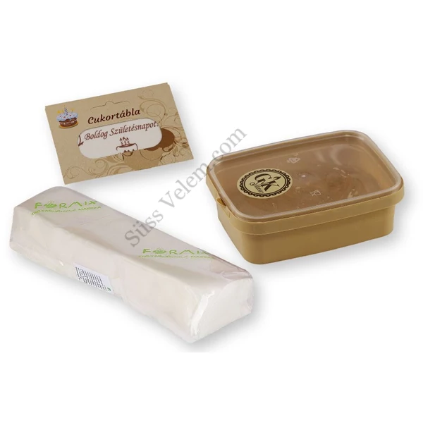 Boldog szülinapot feliratos cukortábla, Formix fondant massza és jégzselé tortadekoráló szett