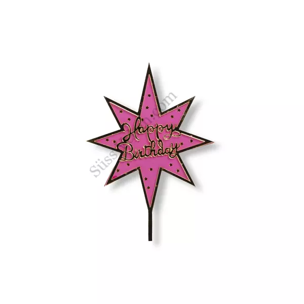 Csillag alakú rózsaszín és arany Happy Birthday feliratos műanyag beszúró tortadísz