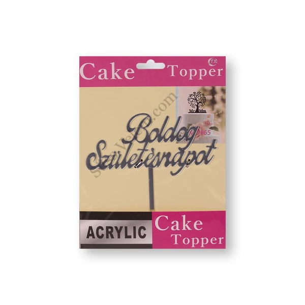 Ezüst színű műanyag „Boldog Születésnapot” beszúró tortadísz