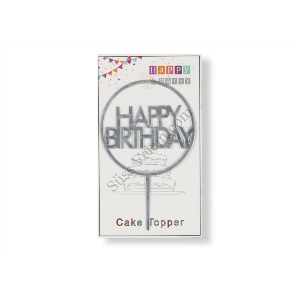 Ezüst színű műanyag Happy Birthday felirat körben beszúró tortadísz