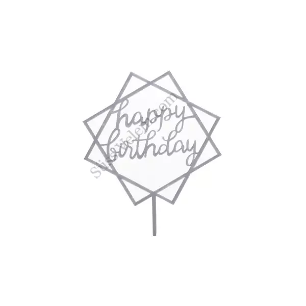 Ezüst színű négyzetes Happy Birthday feliratos szülinapi tortadísz sziluett