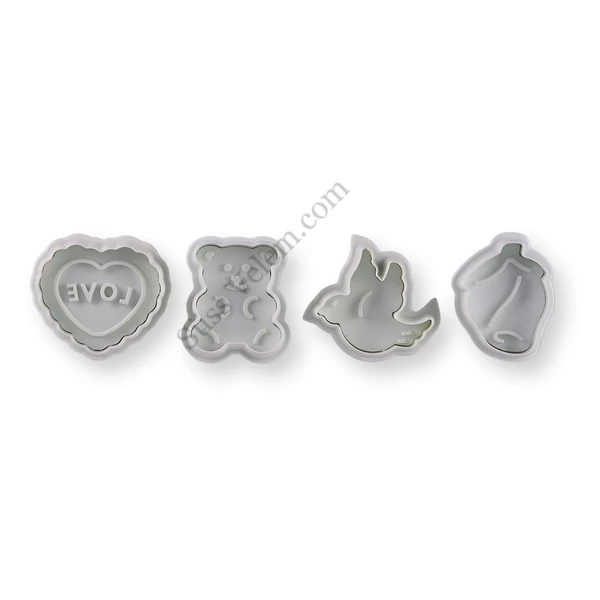 Fehér 4 részes LOVE & Bear rugós fondant kiszúró készlet