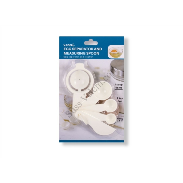 Fehér 5 részes műanyag mérőkanál és tojás elválasztó készlet karikán