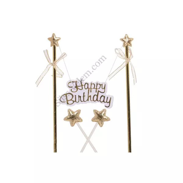 Fehér, arany színű csillagos Happy Birthday felirat tortabeszúró készlet