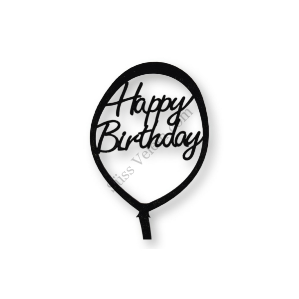 Fekete lufi alakú Happy Birthday feliratos tortadísz sziluett