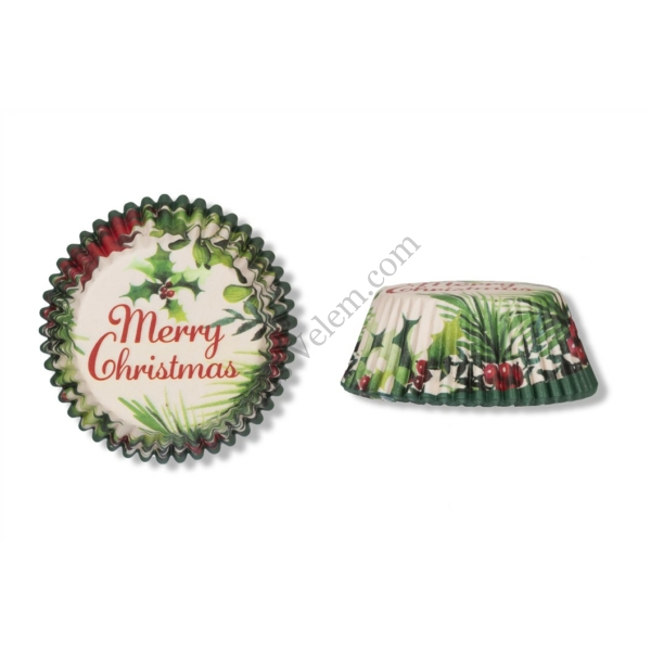 Mikulásvirágos Merry Christmas feliratos karácsonyi muffin papír 100 db