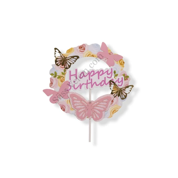 Lepkés és rózsás Happy Birthday tortabeszúró