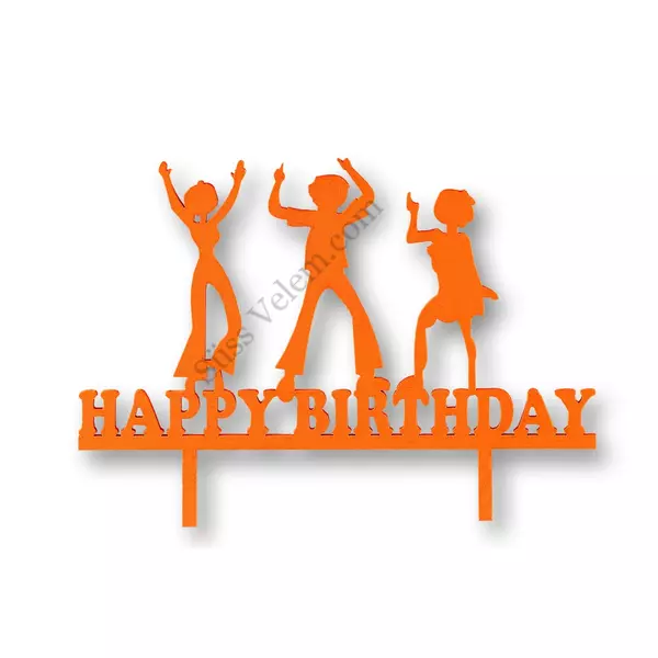 Narancssárga bulizós Happy Birthday feliratos tortadísz sziluett