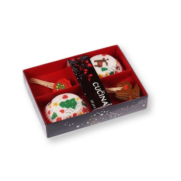 Rénszarvas és karácsonyfa karácsonyi muffin papír és muffin díszítő pálcika szett