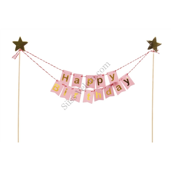 Rózsaszín alapon Happy Birthday felirat tortabeszúró
