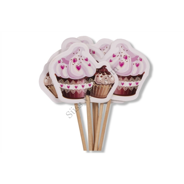 Rózsaszín cupcake szív középpel 12 db muffin díszítő