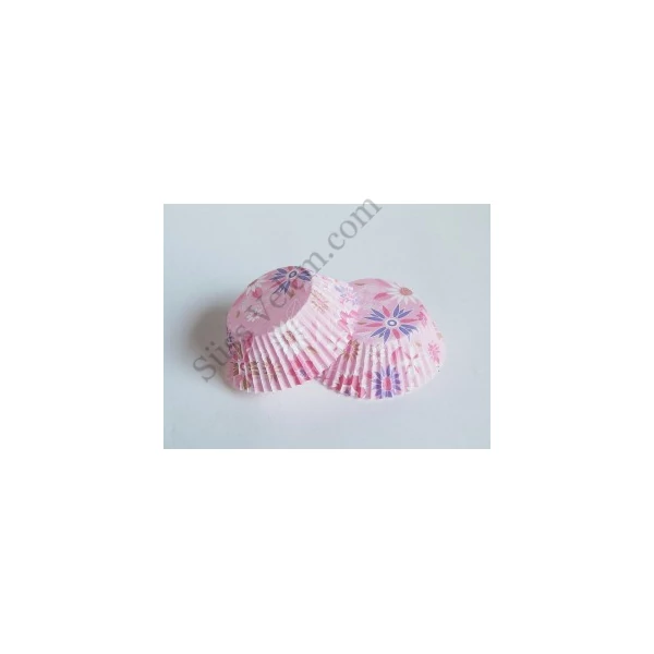 Muffin papír 50 db rózsaszín alapon színes virág mintás