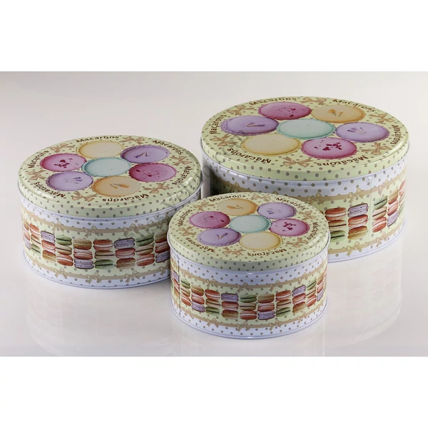 Sárga macaron mintás 3 részes fém sütisdoboz készlet