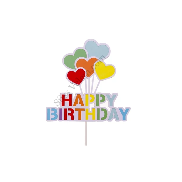 Szivárvány színű szívecskés Happy Birthday feliratos beszúró tortadísz