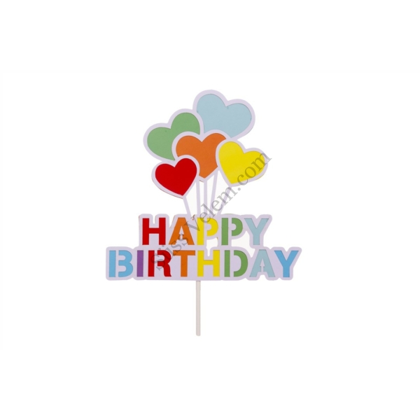Szivárvány színű szívecskés Happy Birthday feliratos beszúró tortadísz