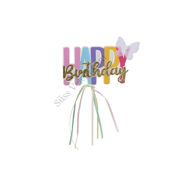 Vidám színes pillangós Happy Birthday tortadísz beszúró