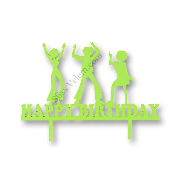 Világoszöld bulizós Happy Birthday feliratos tortadísz sziluett